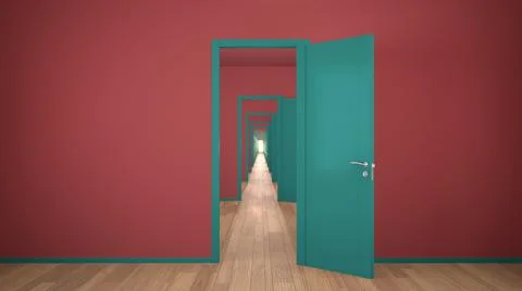 Empty red and turquoise architectural interior, infinite open doors, endless  Illustrazione stock