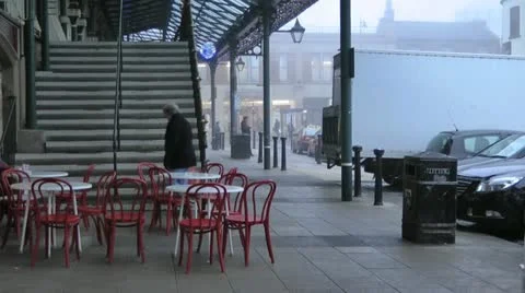 Empty red chairs and white tables outside cafe Stock Footage 15039790