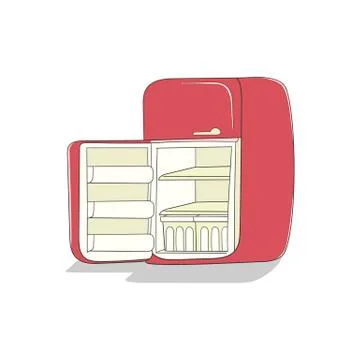 Empty red color refrigerator with an open door. Vector illustration in cartoo Stock Illustration