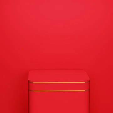 Empty red cube podium with gold line on red background Stock Illustration