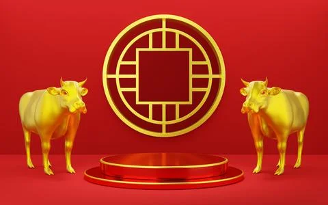 Empty red cylinder podium with gold border and cow on circle arch red backg.. Stock Illustration