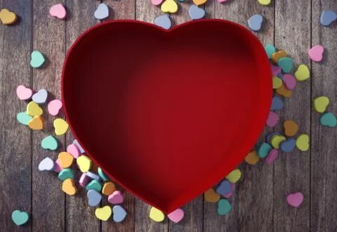 Empty red heart shaped box with mini hearts on wood background Stock Illustration