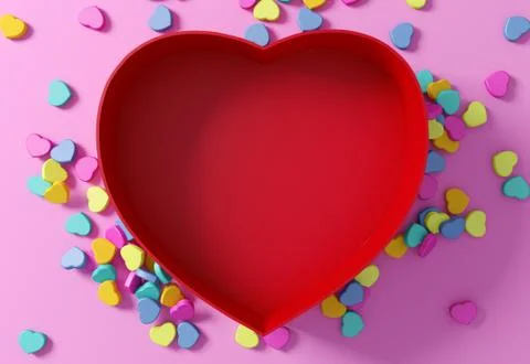 Empty red heart shaped box with mini hearts on pink background Stock Illustration