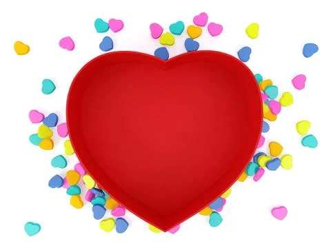 Empty red heart shaped box with mini hearts on white background Stock Illustration