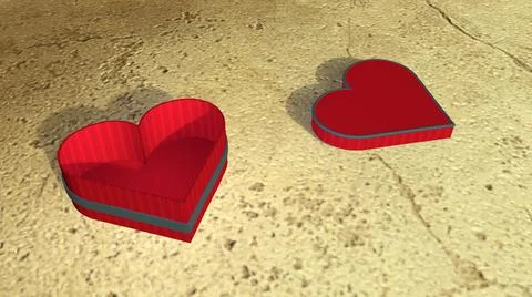 An empty red heart-shaped gift box on the concrete floor during sunset.  Stock Illustration