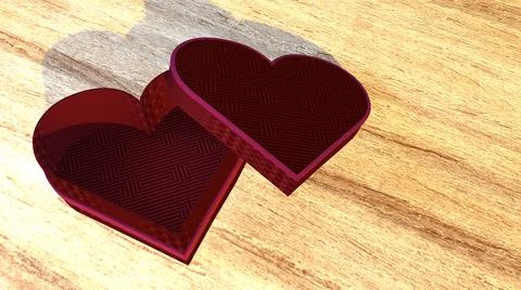 An empty red heart-shaped gift box on the wooden floor during sunset.  Stock Illustration