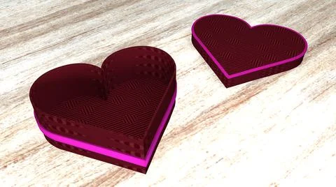 An empty red heart-shaped gift box on the wooden floor. 3D image.  Stock Illustration