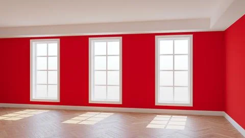 Empty Red Interior with Three Large Windows, Light Glossy Herringbone Parquet Stock Illustration