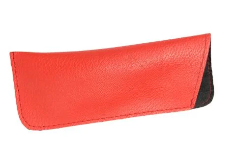 Empty red leather case for glasses isolated on white background closeup Stock Photos
