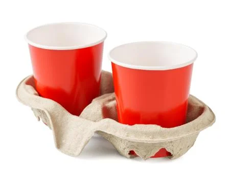 Empty red paper cups with a cup carrier. Isolated. Stock Photos