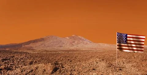 Empty red planet landscape with US flag. Cosmic scene with desert, stone, s.. Stock Photos