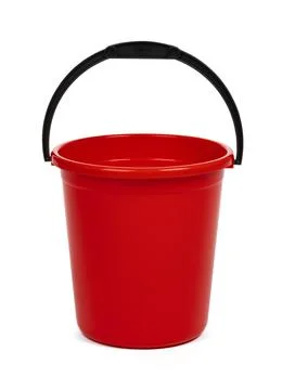 Empty red plastic household bucket on a white background Stock Photos