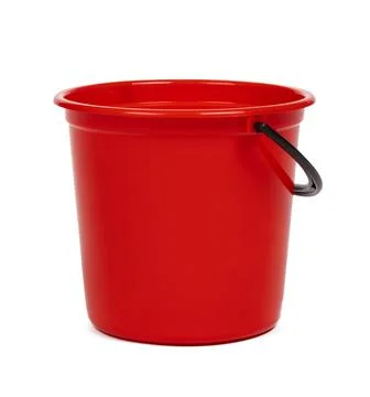Empty red plastic household bucket on a white background Stock Photos