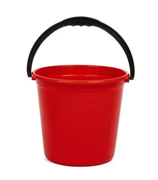 Empty red plastic household bucket on a white background Stock Photos