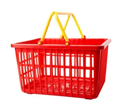 An empty red plastic shopping basket on a white background Stock Photos