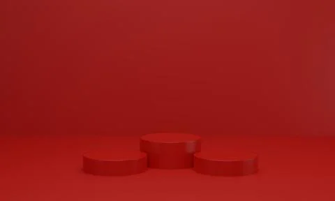 Empty red platform for showing product. podium in red studio room. 3d render Stock Photos