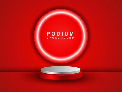 An empty red podium floats in the air with a neon ring in the background. 库存插图