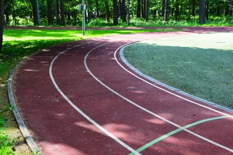 Empty Red Running Track Curve Artificial Turf Football Field Green Stock Photos
