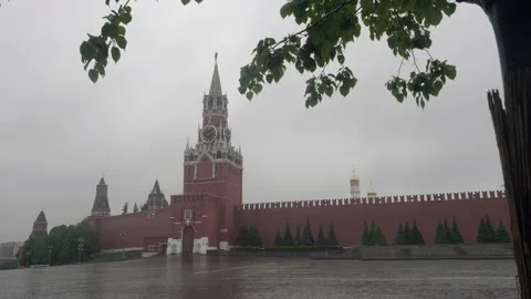 Empty Red square and clock tower on rainy summer day. Stock Footage 133244042