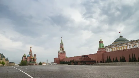 Empty Red Square without people. St. Basil's Cathedral, Mausoleum and Kremlin Stock Footage 133177528