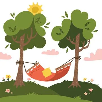 Empty red Summer hammock with trees and landscapes on the background. Nature  Stock Illustration