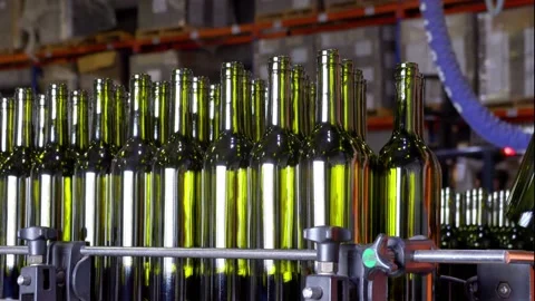 Empty red wine bottles on a coveyer belt ready for filling in South Australia Stock Footage 131305824