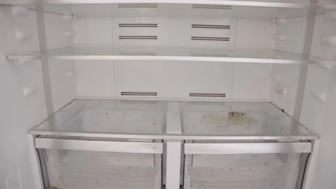 Empty refrigerator with no food inside and open doors in house or apartment Stock Footage 313904325