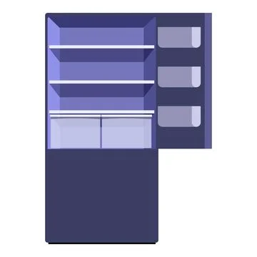 Empty refrigerator with open door displaying shelves and drawers Illustrazione stock