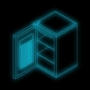 Empty refrigerator with open door glowing neon style on black background Illustrazione stock