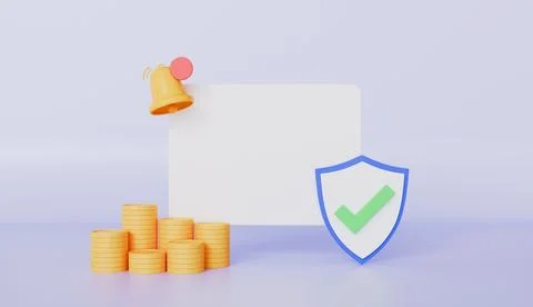 Empty reminder pop up, notification bell icon with shield, check mark and coi Stock Illustration