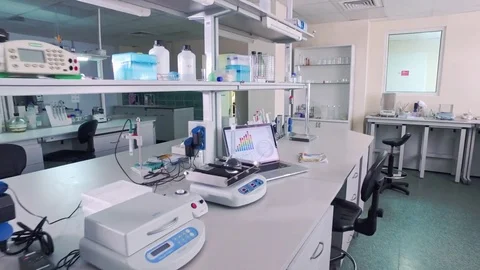 Empty research laboratory interior. Laboratory equipment. Lab room 스톡 동영상 75540389