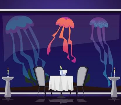 Empty restaurant with champagne bottle on table and big aquarium with Stock Illustration