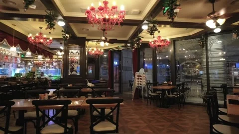 Empty Restaurant Dining Area at Night Stock Footage 337054779