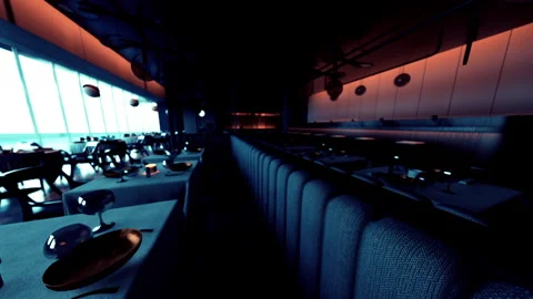 Empty restaurant interior with dim lighting and unoccupied tables in evening Stock Footage 304512524