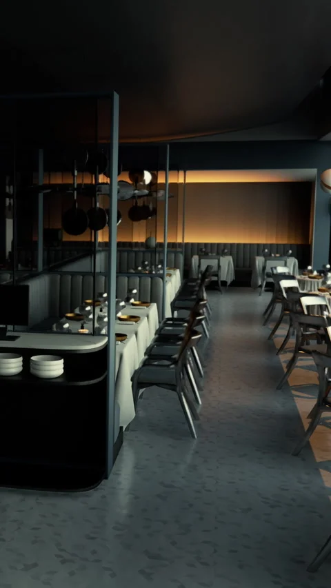 Empty restaurant interior showing tables and chairs set for dining Stock Footage 337940214