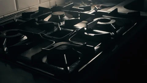 Empty restaurant kitchen gas stove. Professional kitchen Stock Footage 114813863