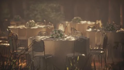 Empty restaurant with outdoor seating among trees 库存插图