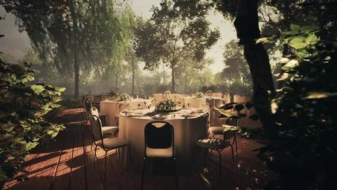 Empty restaurant patio with a canopy of trees overhead Illustrazione stock