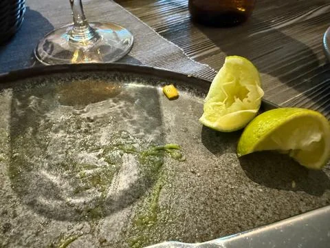 Empty Restaurant Plate with Lime After Finished Meal 스톡 사진
