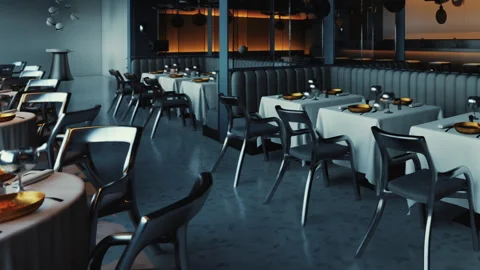Empty restaurant with tables set for dinner on a quiet evening Stock Footage 342801884