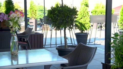 Empty restaurant terrace and tables Stock Footage 139384533