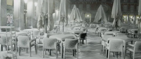 Empty restaurant terrace covered with snow during storm Stock Footage 148385179