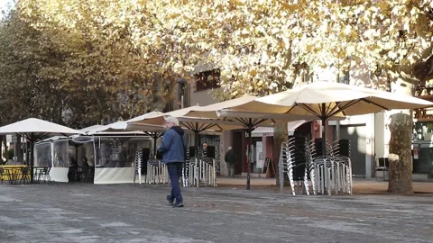 Empty restaurant terraces without people because of Covid-19. Stock Footage 142628485