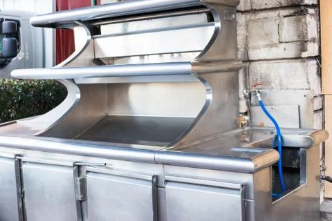An empty restaurant workstand made of stainless steel . Stock Photos