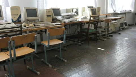Empty Retro Computer Classroom  In A Public School. Stock Footage 129690455