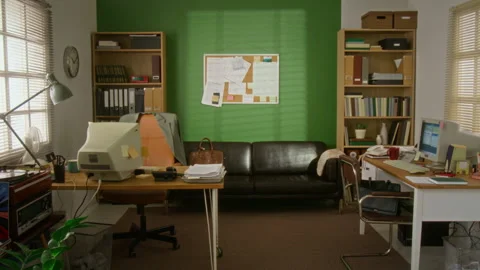 Empty Retro Office Room Featuring Vintage Desktop Computers Stock Footage 341416939