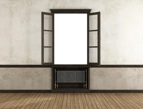 Empty retro room with open window Stock Illustration