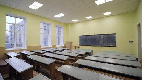 Empty Retro University Room  Elementary Classroom Slider Shot Stock Footage 262864445
