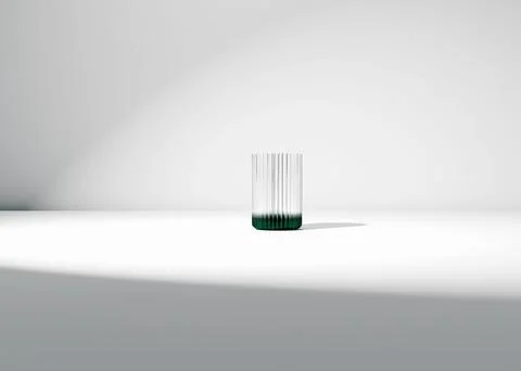 Empty ribbed glass with colored bottom on empty white studio surface with a copy Illustrazione stock