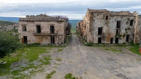 Empty Road Between Ruined Homes in Poggioreale Vecchia Stock Photos
